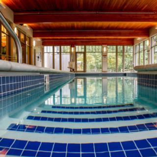 A serene indoor swimming pool with blue-tiled steps and large windows allowing natural light to illuminate the space.