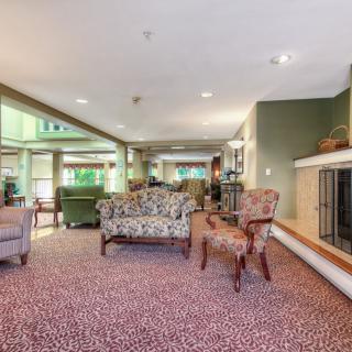 A cozy living room featuring sofas, chairs, and a fireplace with a patterned carpet.