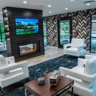 Modern living room with a sleek fireplace and stylish seating.