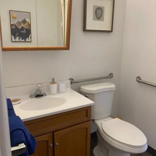 A small bathroom with a sink, mirror, and toilet.
