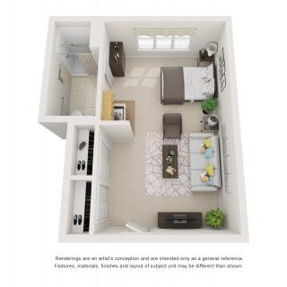 3D rendering of a compact studio apartment layout with modern furnishings and a functional design.