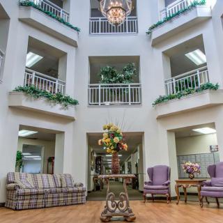 A spacious lobby with elegant furniture and decorative plants.