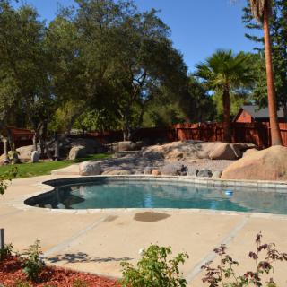 A sunny backyard featuring a swimming pool surrounded by trees and landscaped rocks.