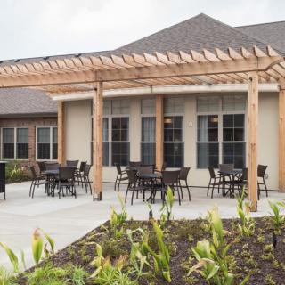 A patio area with a wooden pergola and seating, adjacent to a building, surrounded by landscaped plants.