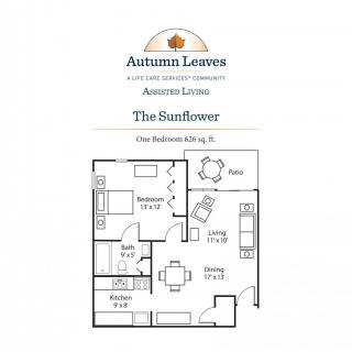 Floor plan of 'The Sunflower' apartment featuring a one-bedroom layout.
