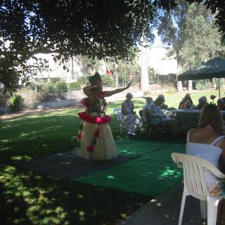 A traditional dance performance in a garden setting with an audience watching during the day.