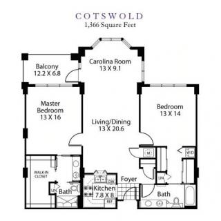 A floor plan of a Cotswold-style apartment featuring two bedrooms, two bathrooms, a Carolina Room, and two balconies.