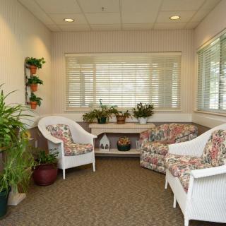 A cozy waiting room featuring floral-patterned chairs, indoor plants, and a calming atmosphere.