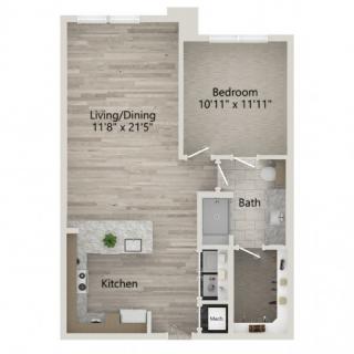 A floor plan of a one-bedroom apartment featuring a living/dining area, kitchen, bedroom, and bathroom.