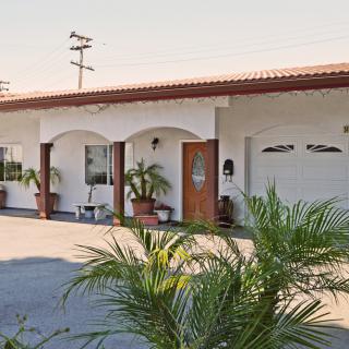 A single-story house with a garage and palm plants in the driveway.