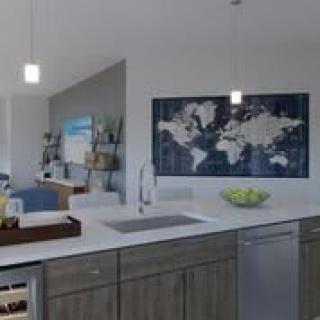A modern kitchen with a sleek countertop and world map wall art.
