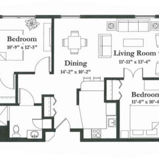A floor plan of a two-bedroom apartment featuring a living room, dining area, kitchen, and bathroom.