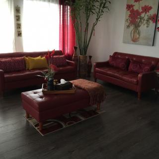 A cozy living room with red sofas, a coffee table, and decorative elements.
