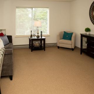 A cozy living room with a sofa, chair, coffee table, and warm decor.