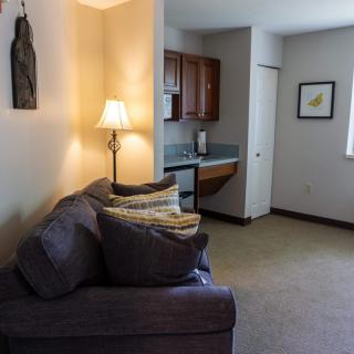 A cozy living room with a couch facing a small kitchenette area.