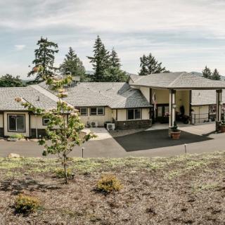 A large residential house with a driveway and surrounding trees.