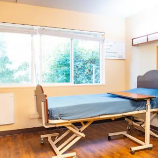 A hospital room featuring an adjustable bed and a window overlooking greenery.