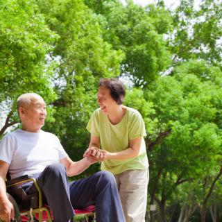 A caregiver assists an elderly person in a wheelchair outdoors in a park setting.