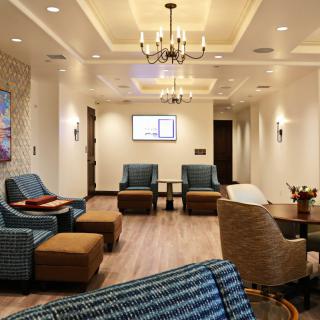 A beautifully designed waiting room with comfortable seating and elegant lighting.