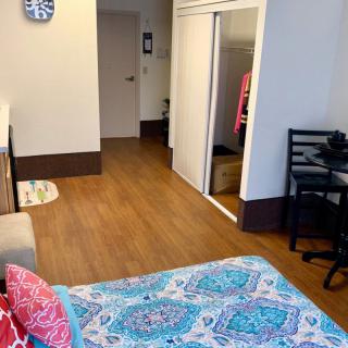 A cozy bedroom with a bed, desk, and closet featuring wooden flooring.