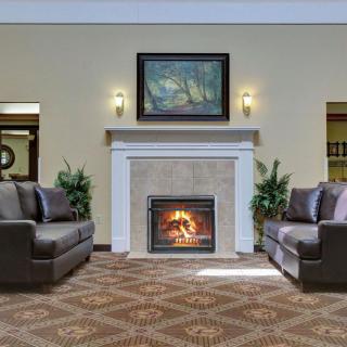 A cozy living room with a fireplace, two sofas, a painting above the mantel, and decorative plants.