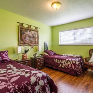 A cozy bedroom featuring twin beds with purple floral bedding, set against vibrant green walls and a wooden floor. A decorative tapestry hangs above the nightstand, and natural light filters in through a window with blinds.