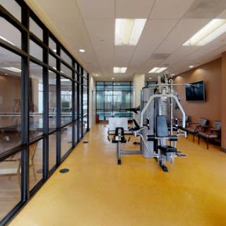 A view of a modern rehabilitation gym featuring various exercise equipment.