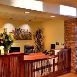 A warm and inviting reception area featuring a wooden desk, decorative plants, and artwork.