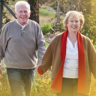 An elderly couple enjoying a walk together in nature.