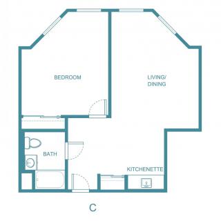 A floor plan layout showing a one-bedroom apartment with a bathroom, kitchenette, and combined living and dining area.