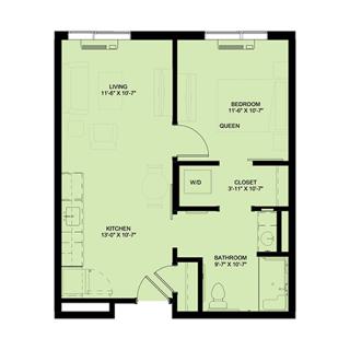 A floor plan of a one-bedroom apartment layout featuring living room, kitchen, and bathroom.