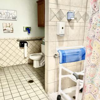 An accessible bathroom with handrails and a wheelchair-accessible shower.