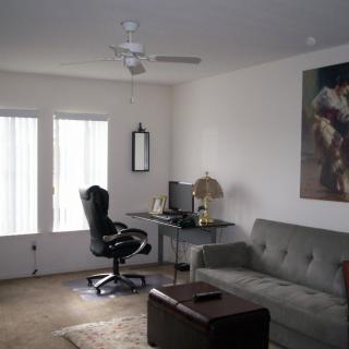 A cozy living room with a home office setup, featuring a computer desk and chair, couch, and artwork on the wall.
