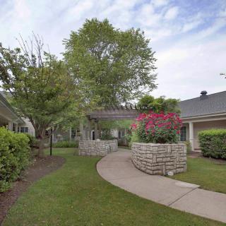A serene garden pathway with lush greenery and vibrant flowers.