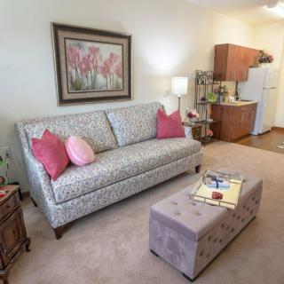 A cozy living room with a patterned sofa, pink cushions, and a small kitchenette in the background.