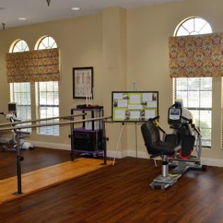 A well-equipped rehabilitation gym featuring exercise machines and large windows for natural light.