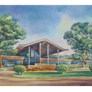 Illustration of a modernist building surrounded by trees and greenery.