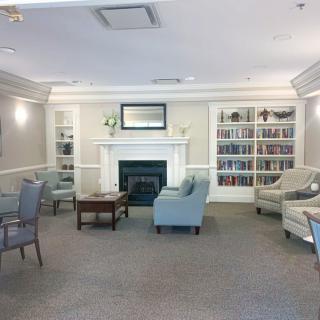 A cozy living room with a fireplace, surrounded by bookshelves and comfortable seating.