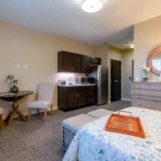 A cozy studio room featuring a kitchenette and a comfortable bed, complemented by modern decor.