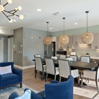 A modern open-concept dining and living area featuring contemporary furniture and stylish pendant lighting.