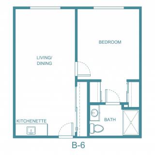 A floor plan layout of a one-bedroom apartment featuring a living/dining area, kitchenette, bathroom, and bedroom.