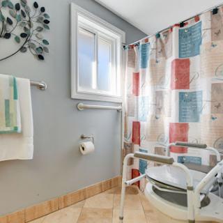 A well-designed accessible bathroom featuring grab bars and a colorful shower curtain.