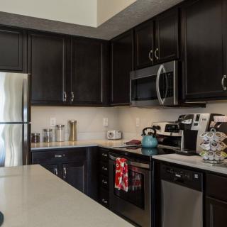 A modern kitchen featuring dark cabinets, stainless steel appliances, and a sleek countertop.