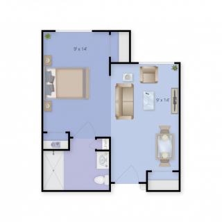 A compact and efficient apartment floor plan featuring a bedroom, living area, kitchen, and bathroom.