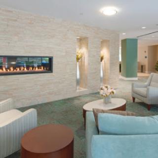 A stylish and modern living room featuring a sleek fireplace and comfortable seating.