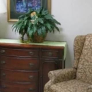 A cozy living room corner featuring a patterned armchair, a wooden cabinet with a potted plant, and a framed painting on the wall.