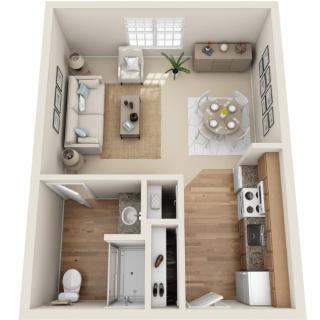 A 3D floor plan of a compact apartment featuring a living room, kitchen, dining area, bedroom, and bathroom.