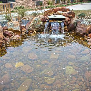 A serene pond with a small waterfall surrounded by rocks.