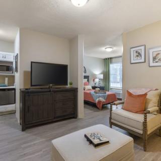 A cozy, modern living room with a television and stylish furniture in an open-floor apartment.