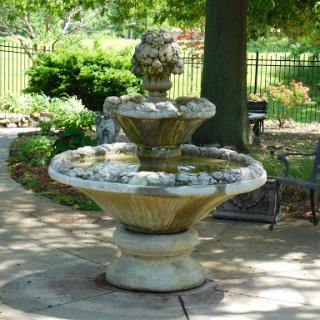 A charming fountain surrounded by greenery, adding a tranquil atmosphere to the garden.